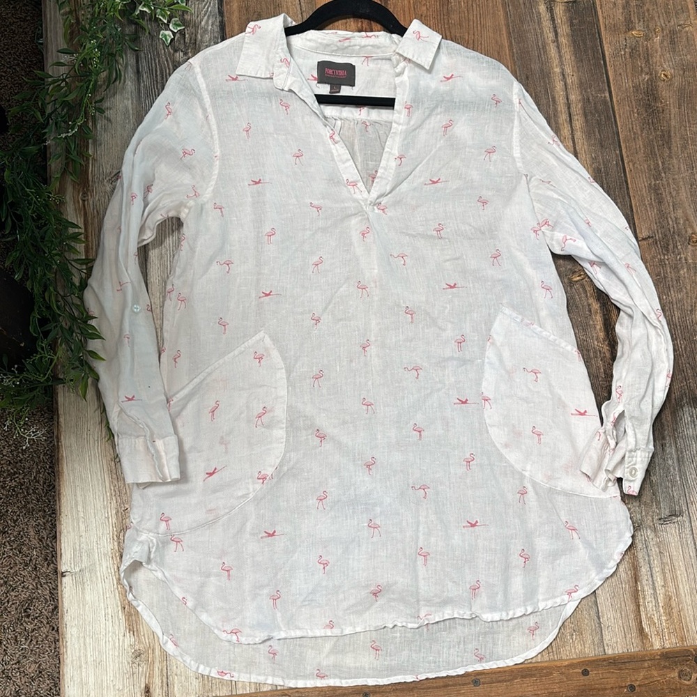 Forcynthia Beachwear 100% Linen Tunic Cover Up Flamingos  Sz Large